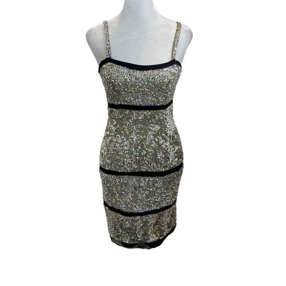 Basix II Brand Silver and Gold Sequin Silk Mini Dress Size 2 - Picture 4 of 13